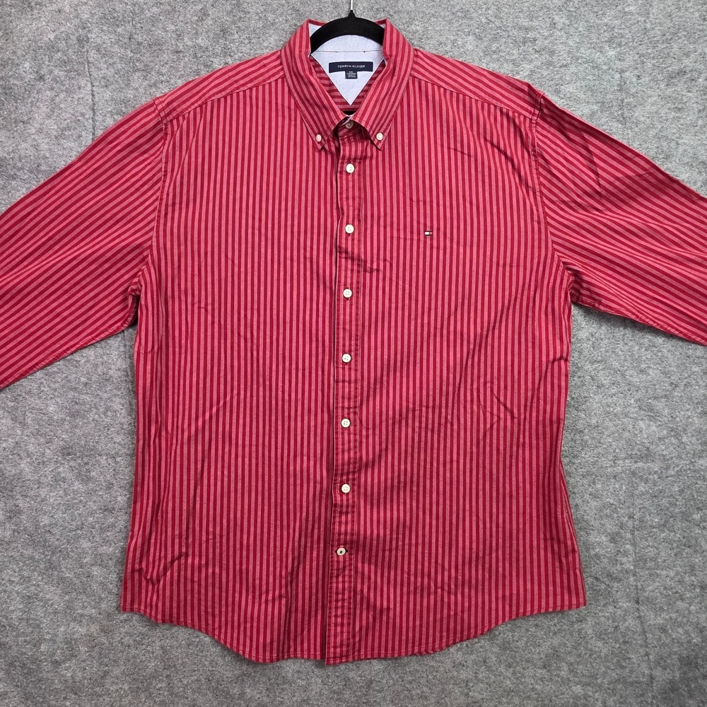 Tommy Hilfiger Mens XXL Red Striped Button Down Shirt Long Sleeve 78J3747